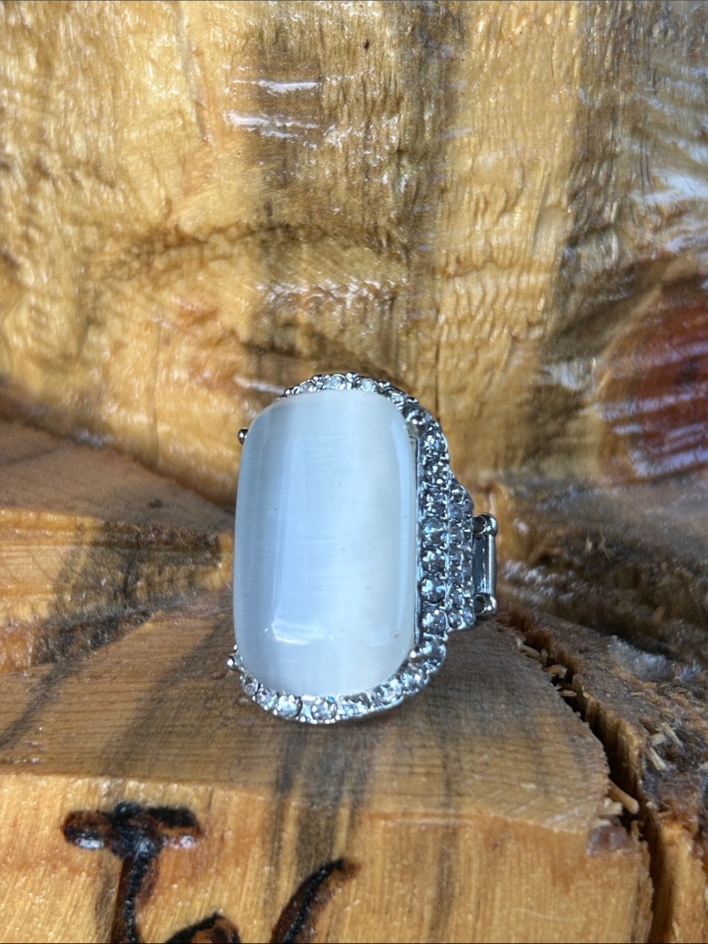 Vintage White Cat's Eye Cocktail Ring with Crystal Halo